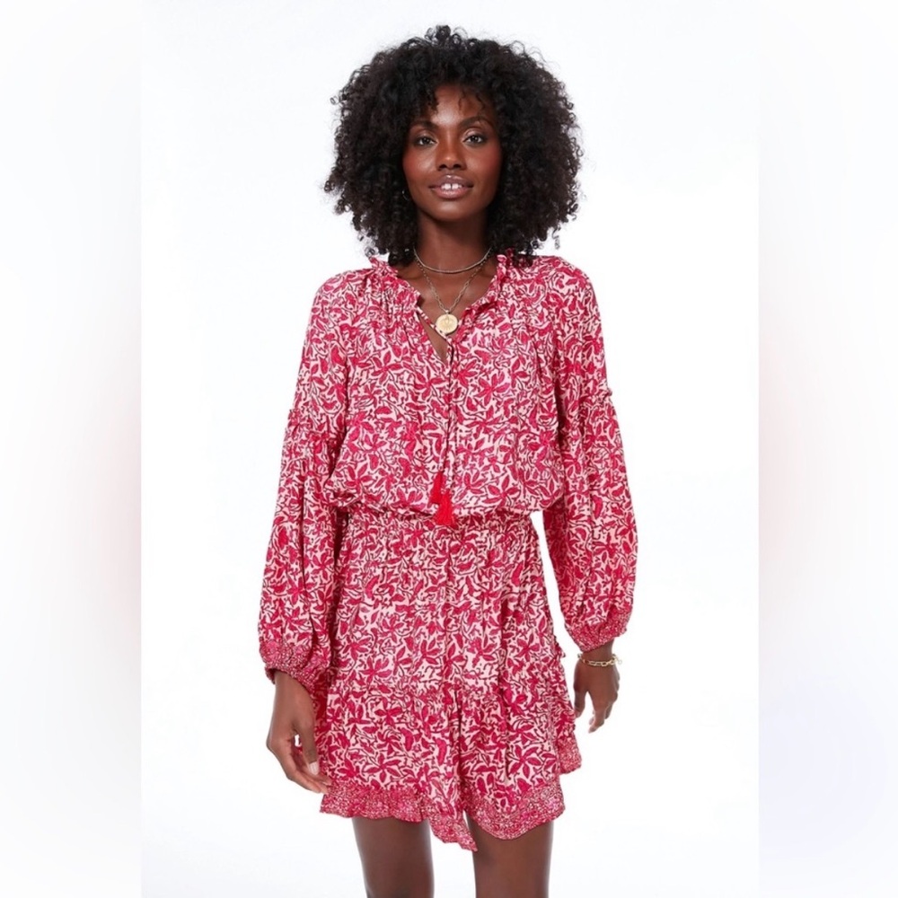 SILK Natalie Martin Women's Maggie Hot Pink/Red Floral MIDI Dress. Size Small